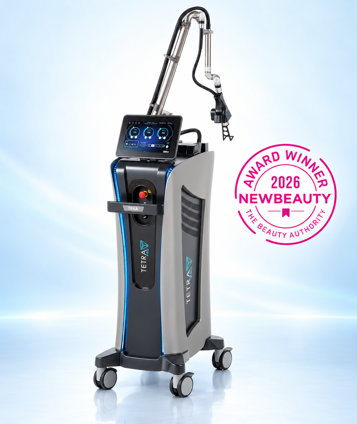 Complete DEKA Tetra PRO CO2 laser system with articulated arm and caster base