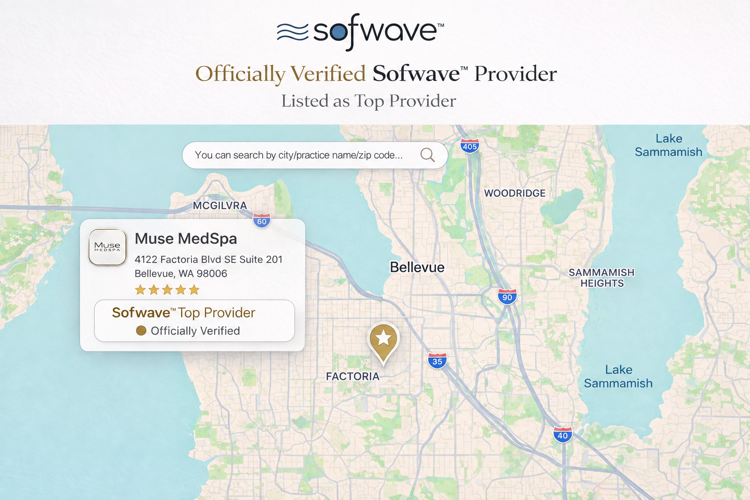 Sofwave official provider graphic for Muse MedSpa at 4122 Factoria Blvd SE, Suite 201, Bellevue, showing five stars, Top Provider, and Officially Verified status