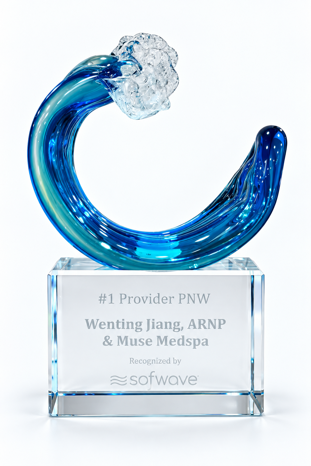 Rendering of the Sofwave trophy awarded to Wenting Jiang, ARNP and Muse Medspa, engraved #1 Provider PNW